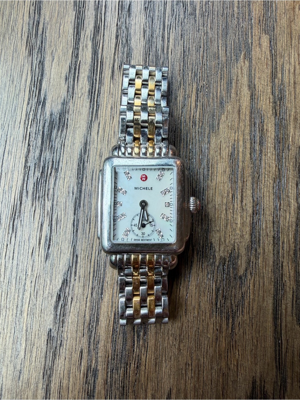 Michele Two-Tone Silver and Gold Bracelet Diamond Accent Square Watch